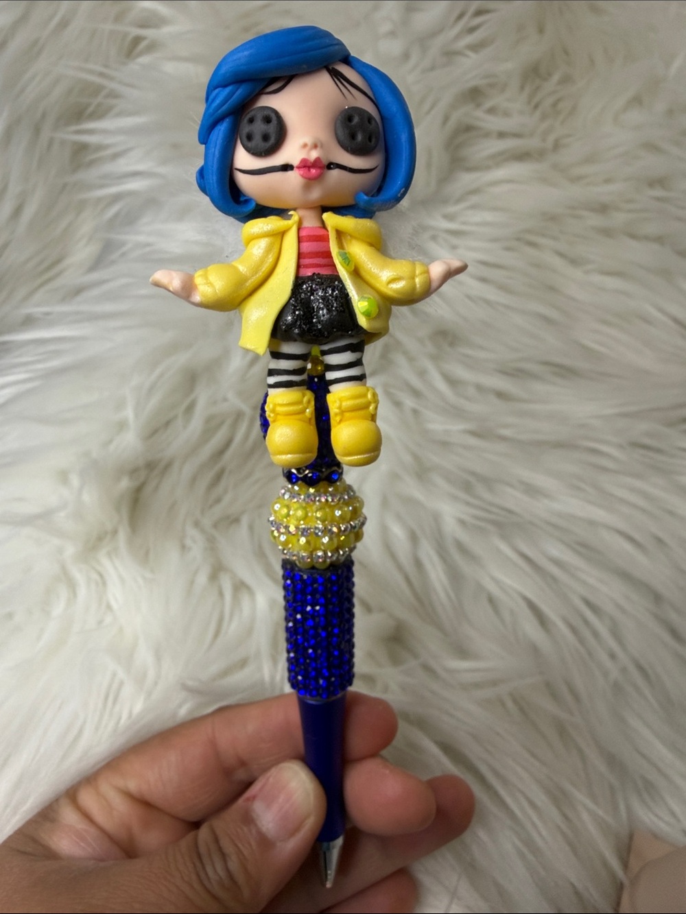 Caroline Blue-Haired Button-Eye Pen with Yellow Jacket